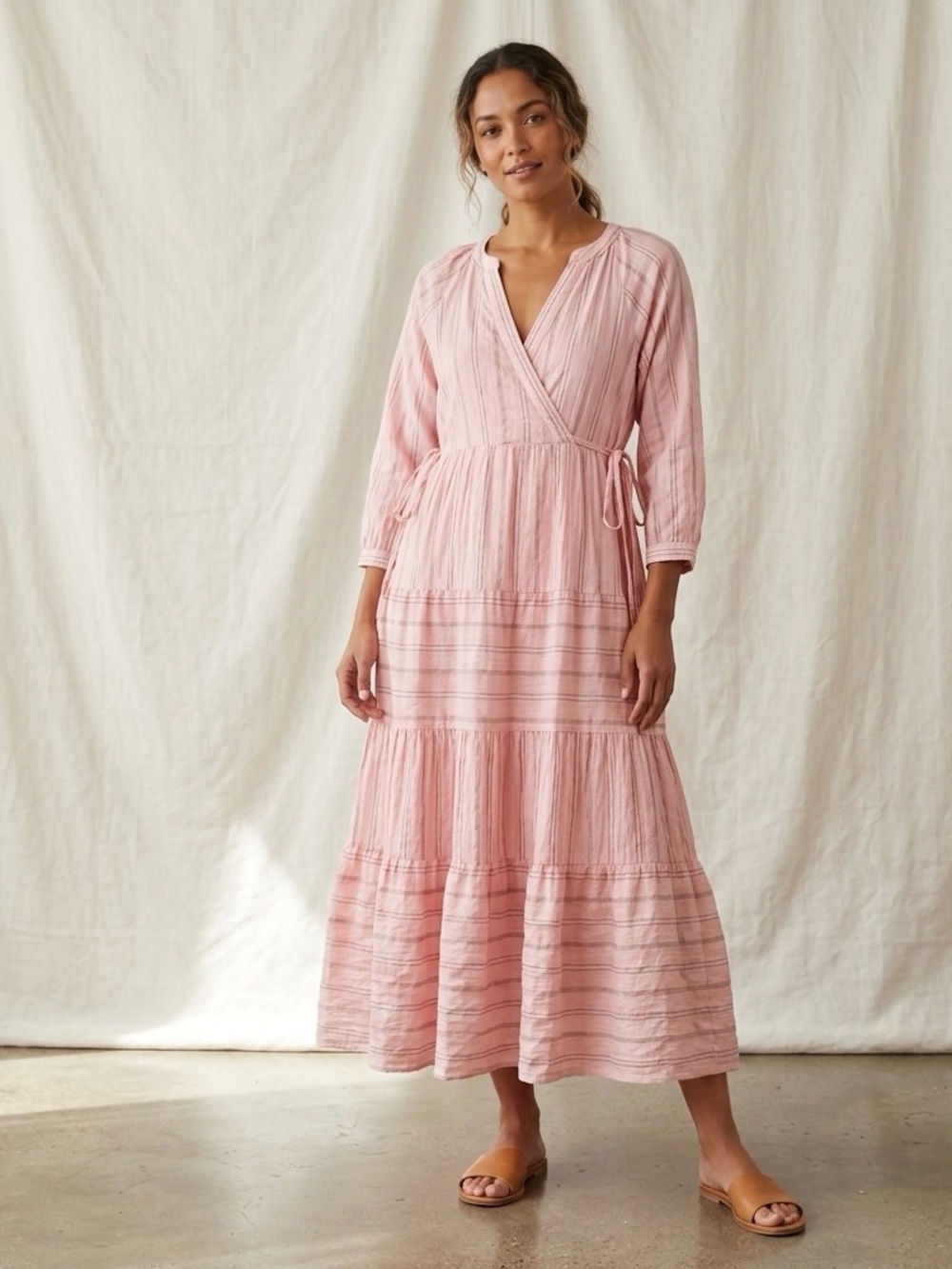 REVOLVE x XIRENA BECKETT MULTI-STRIPED PINK SHIMMER LAYNA MIDI DRESS SMALL